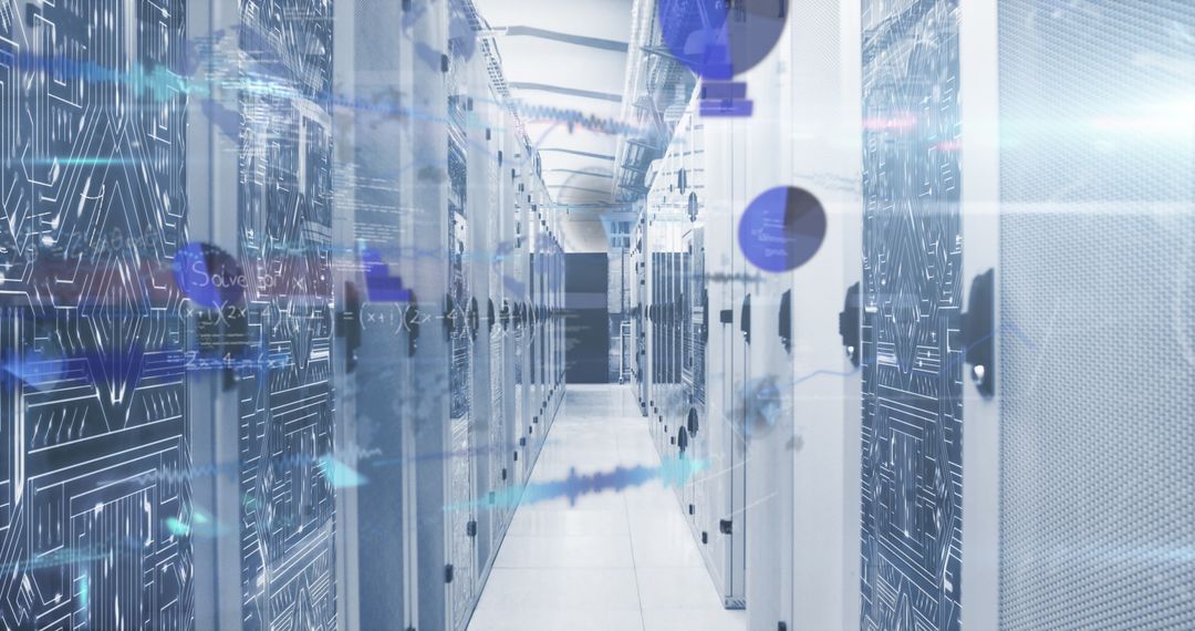 Advanced Data Network with Mathematics Overlay in Modern Server Room