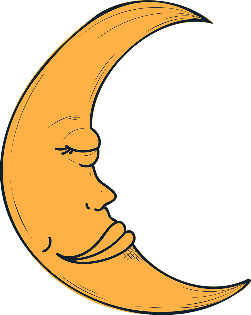 Cartoon Style Golden Crescent Moon with Serene Expression Transparent