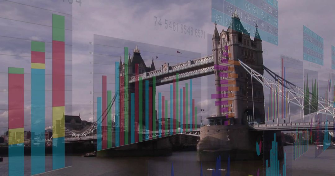 Tower Bridge Overlaid with Digital Graphs Illustrating Data Analytics Concept