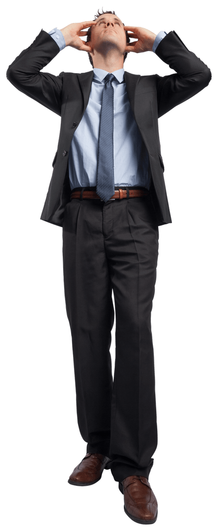 Stressed Businessman Looking Up with Transparent Background