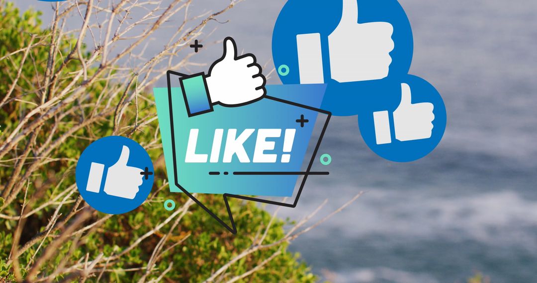 Social media interaction icons with ocean backdrop