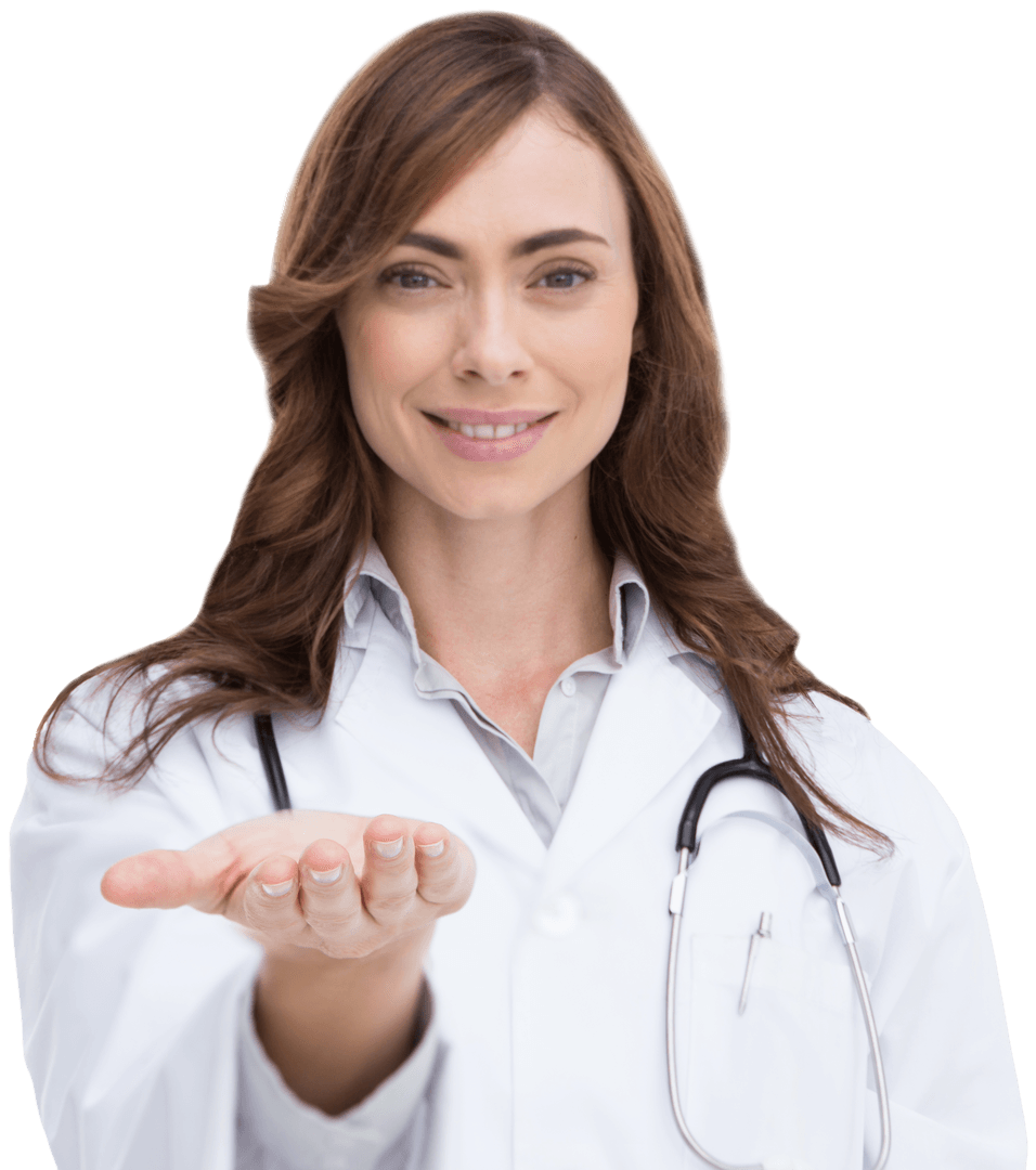 Transparent Cheerful Doctor Inviting with Outstretched Hand Gesture