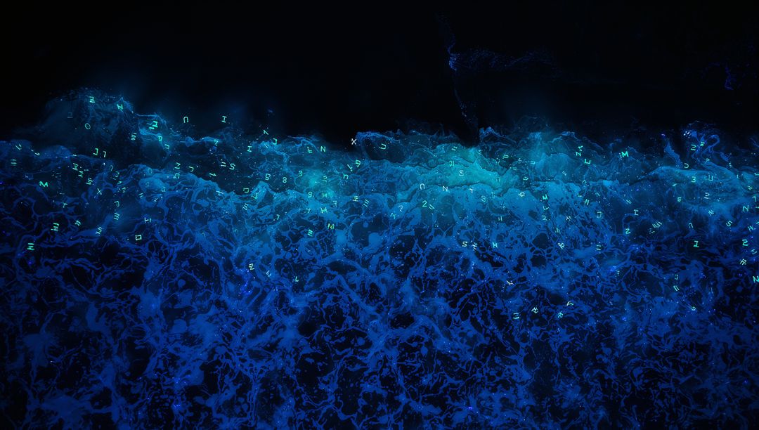 Glowing Bioluminescent Digital Wave Streaming with Neon Alphanumeric Particles Cyan Teal