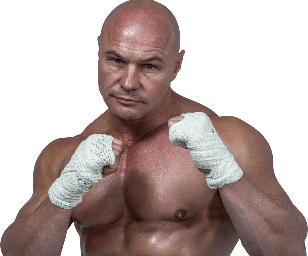 Confident Bald Man in Fighting Stance on Transparent Background