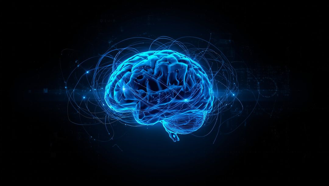 Glowing Blue Holographic Brain with Neural Pathways