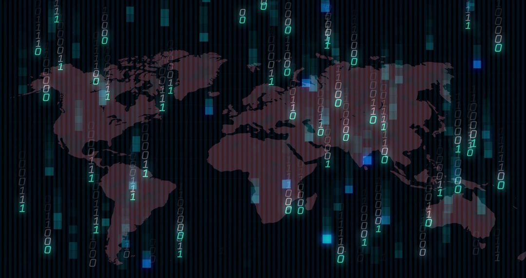 World Map with Digital Binary Code Overlay