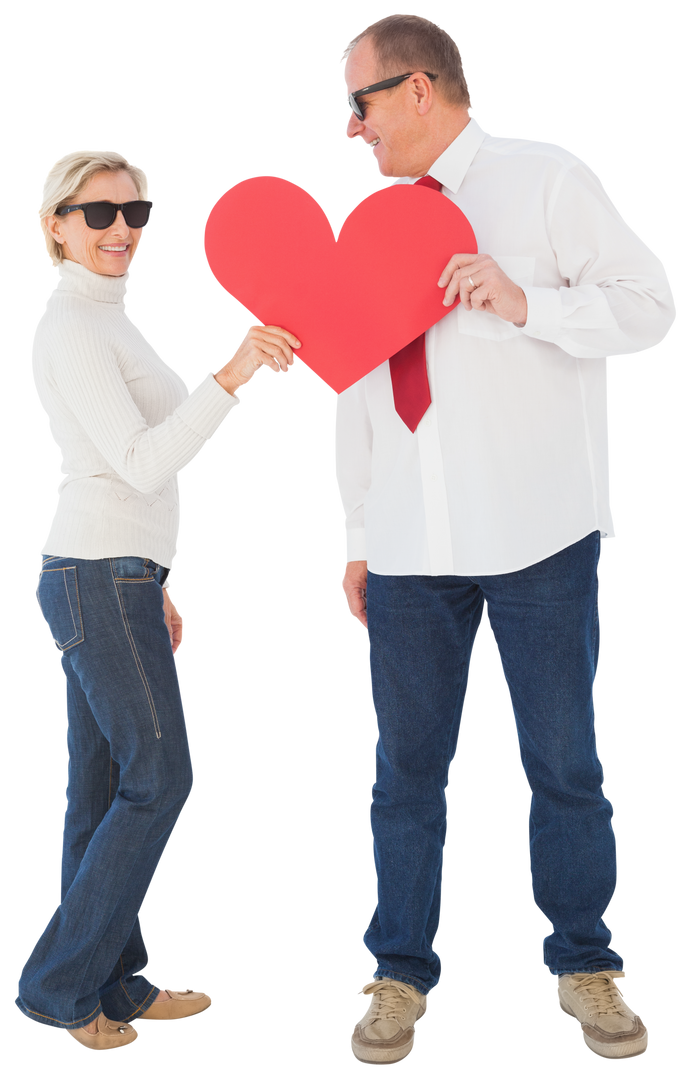 Happy elderly couple holding red paper heart in affectionate pose, white background, transparent - Download Free Stock Images Pikwizard.com