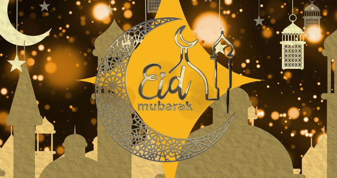 Eid Mubarak Celebration with Mosque and Crescent Over Glowing Gold - Free Images, Stock Photos and Pictures on Pikwizard.com