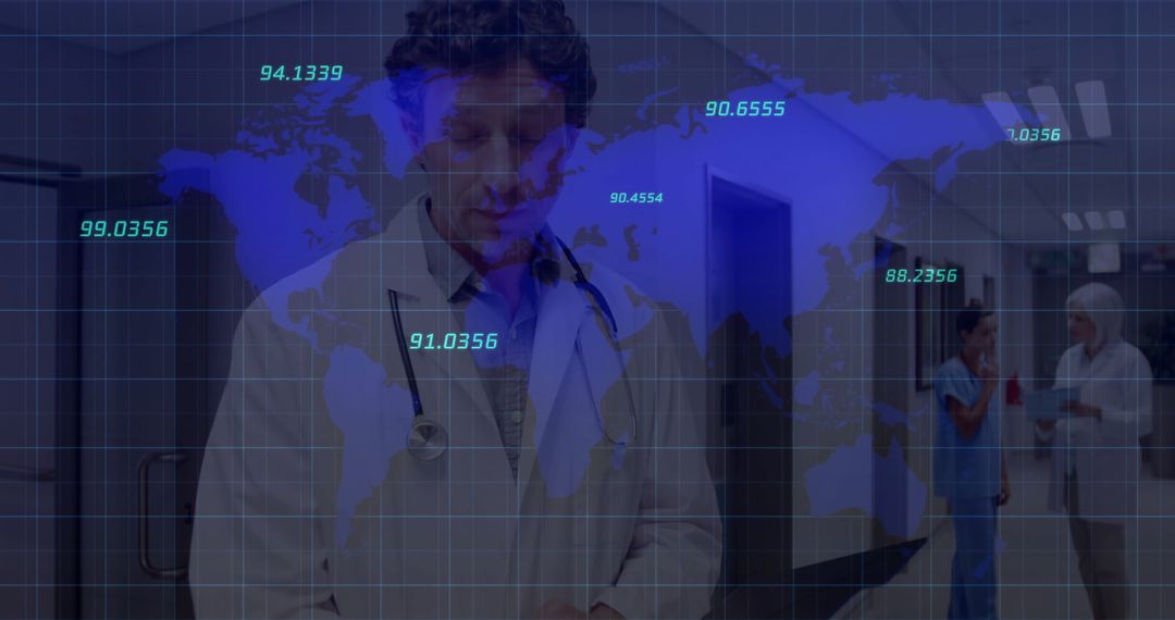 Doctor Analyzing Charts with Global Data Overlay in Hospital Corridor