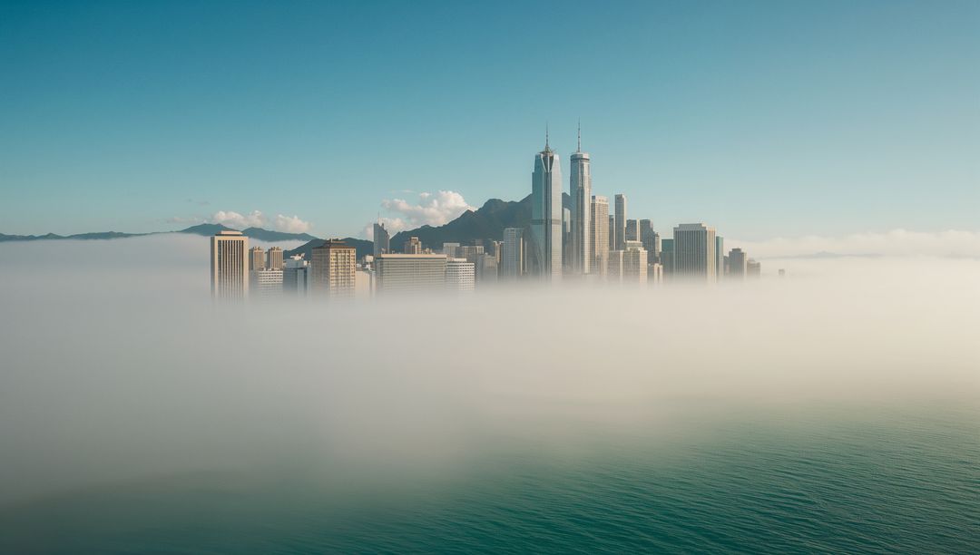 Dramatic Skyline with Skyscrapers Above Ocean Fog