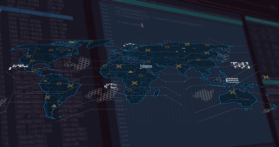 Futuristic World Map Interface with Security Alerts and Data Streams