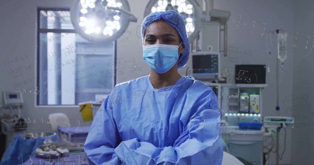 Surgeon in Operating Room with Equipment and Surgical Lights