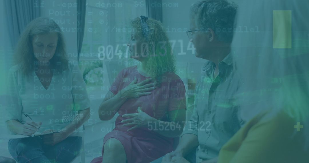 Diverse Group Support Meeting with Overlay of Numbers and Codes