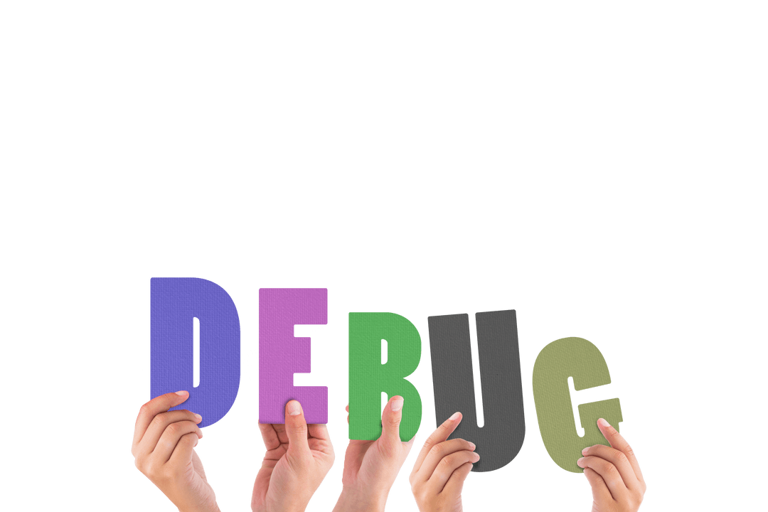 Debug Word Held by Hands on Transparent Background