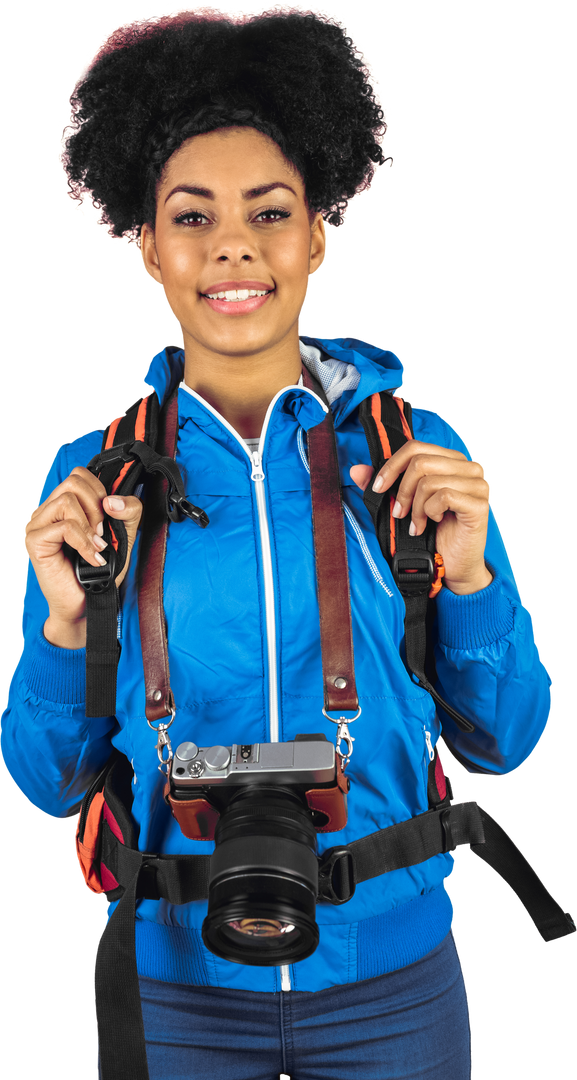 Smiling Young Woman Ready for Adventure with Camera and Backpack, Transparent Background - Download Free Stock Images Pikwizard.com