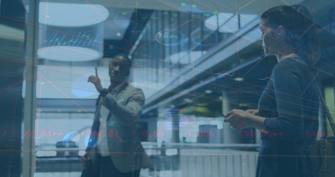 Business Professionals in Office with Trading Graphs and Data Overlay