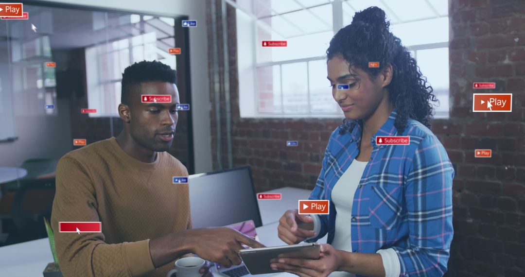 Diverse Professionals Engaging with Social Media Interface