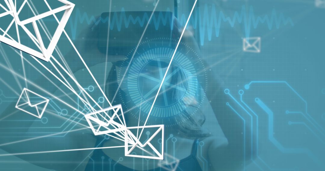 Woman with VR Headset Experiencing Digital Data Flow and Virtual Emails