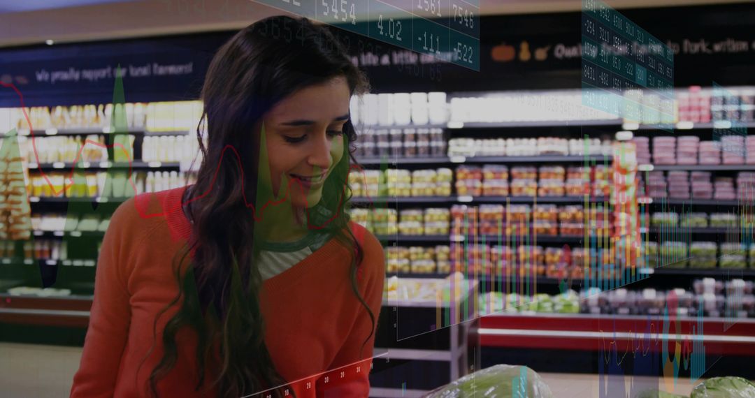 Smiling Shopper Choosing Fresh Lettuce in Supermarket Aisle