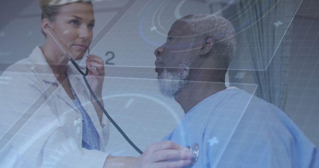 Healthcare Professional Using Stethoscope with Digital Innovation Overlay