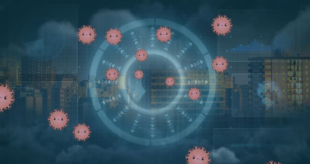 Digital Depiction of COVID-19 Cells Over Cityscape with High-Tech Interface