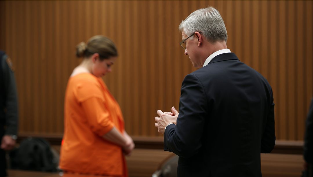 Defense Attorney Consulting Defendant in Courtroom with Wood Paneling and Orange Jumpsuit