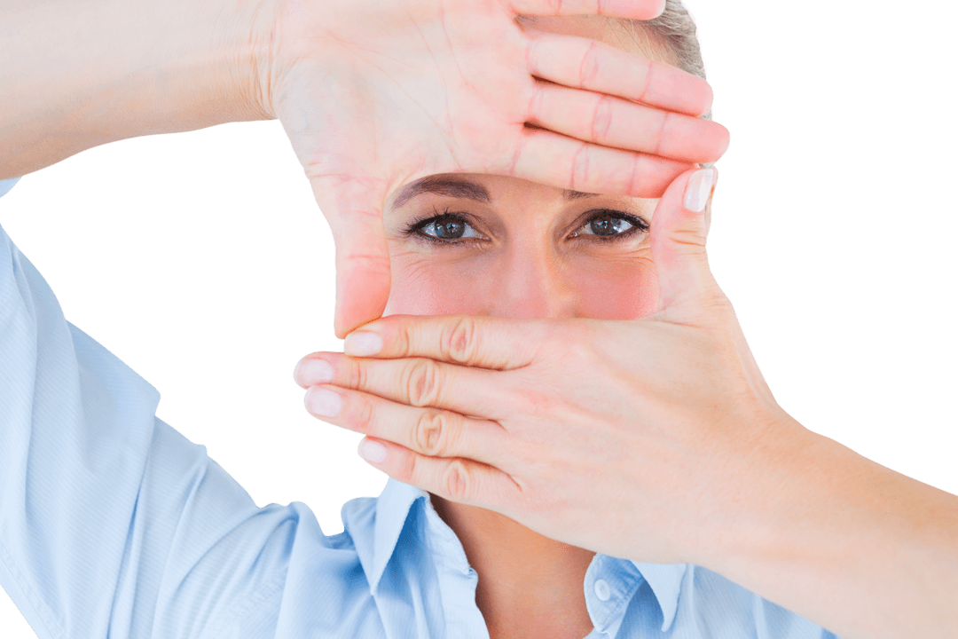 Woman Framing Face with Hands Looking Through Transparent Gesture