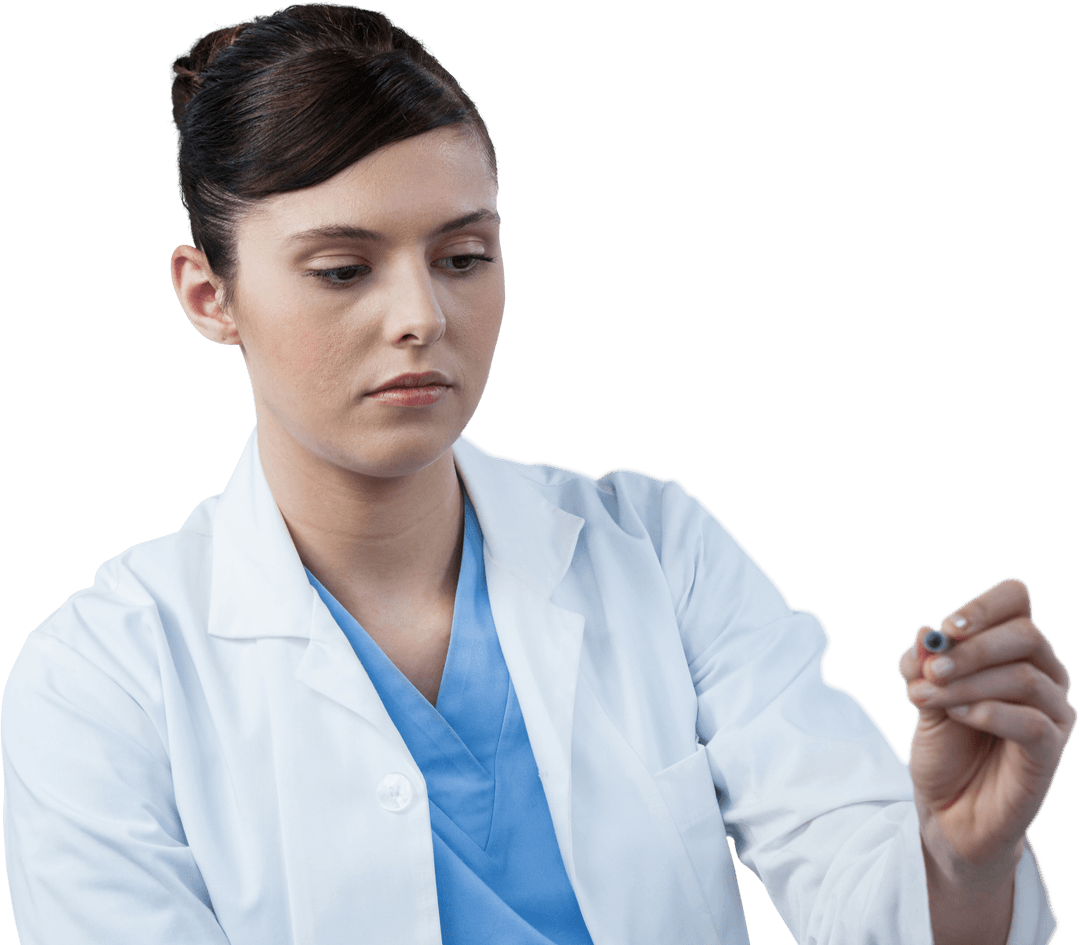 Female Scientist Writing with Transparent Board Background