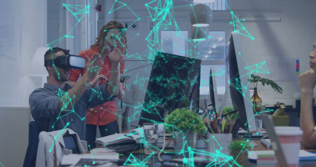 Business Team Exploring Virtual Reality with Digital Network Overlay