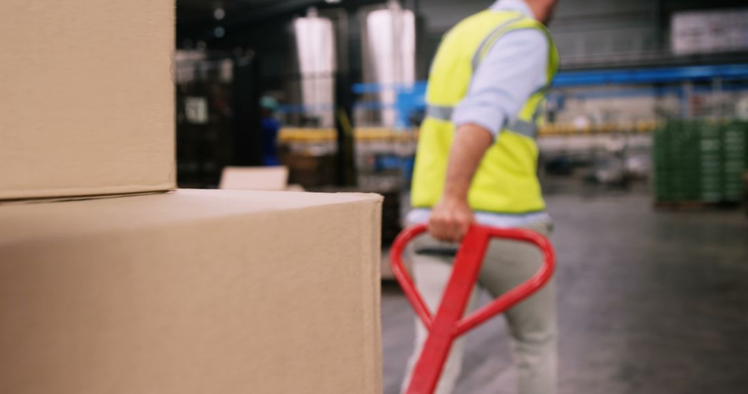 Warehouse Worker Pulling Pallet Jack with Boxes Inside Industrial Facility - Free Images, Stock Photos and Pictures on Pikwizard.com