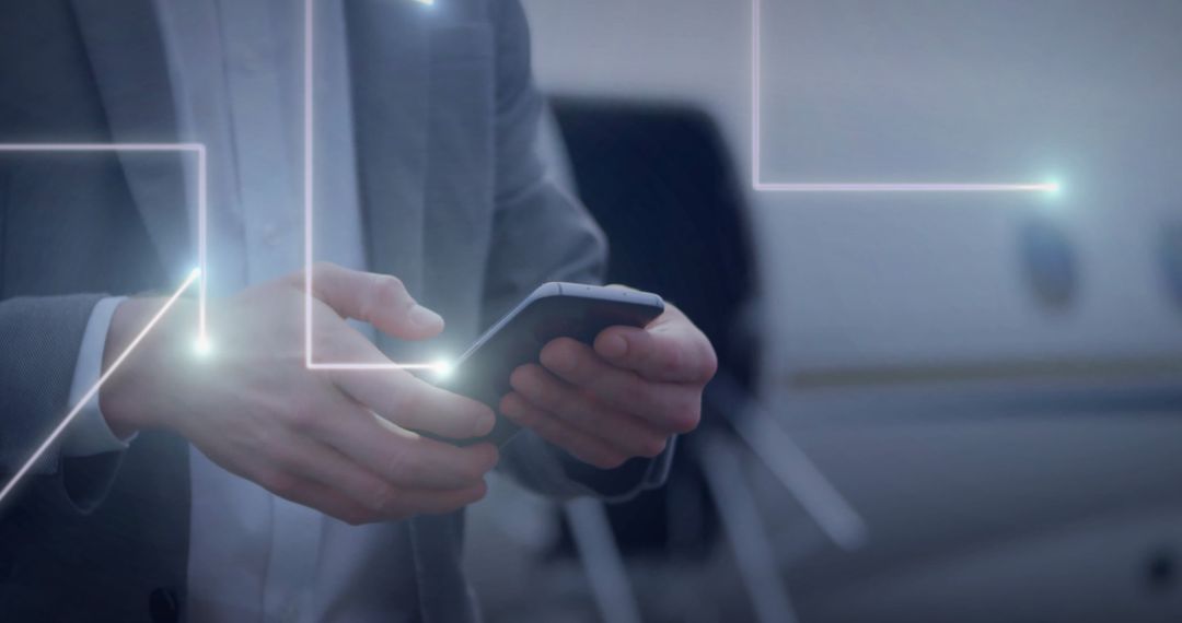 Hands Holding Smartphone with Digital Interface Overlay