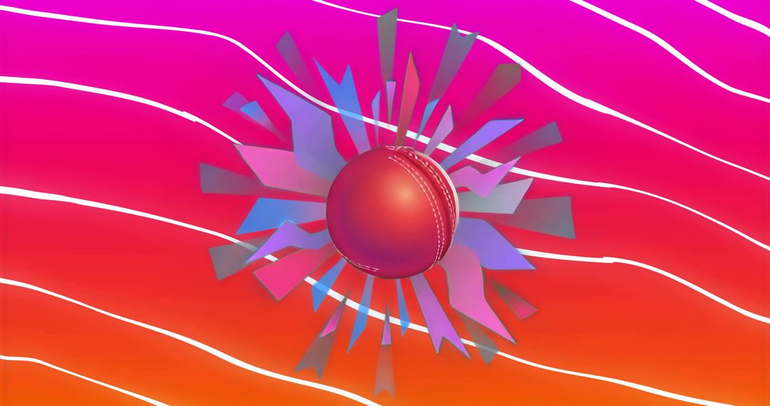 Red Cricket Ball Burst on Neon Gradient with Angular Geometric Shards and Motion