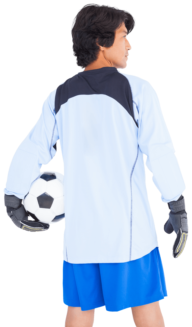 Goalkeeper in Blue Kit Holding Soccer Ball on Transparent Background