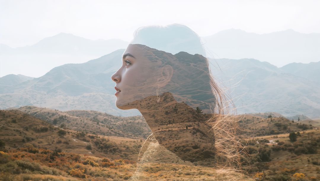 Double Exposure Art: Woman's Silhouette with Scenic Foothills