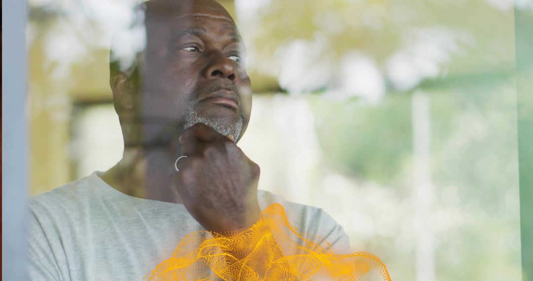 Elderly Man Contemplating with Futuristic Graphic at Well-Lit Window