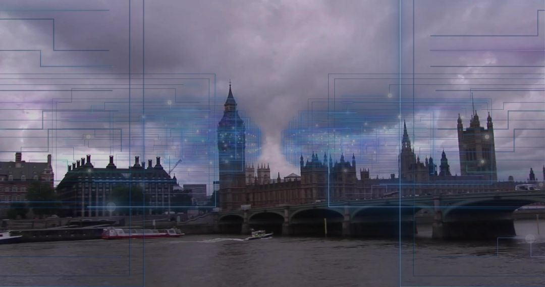 Futuristic Data Overlay on British Parliament Skyline