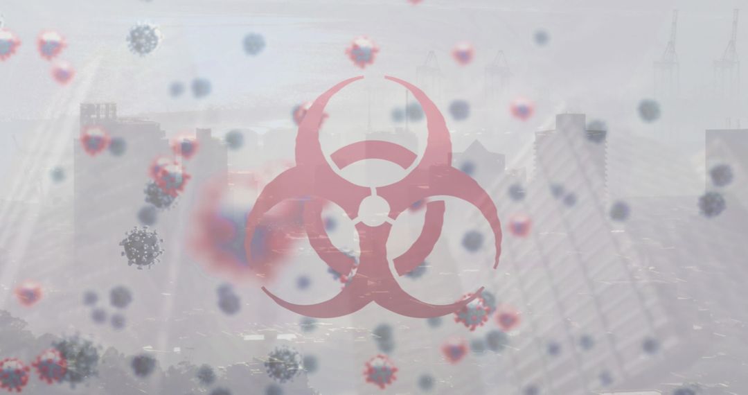 Biohazard Symbol Amidst Urban Skyline with Translucent Virus Particles