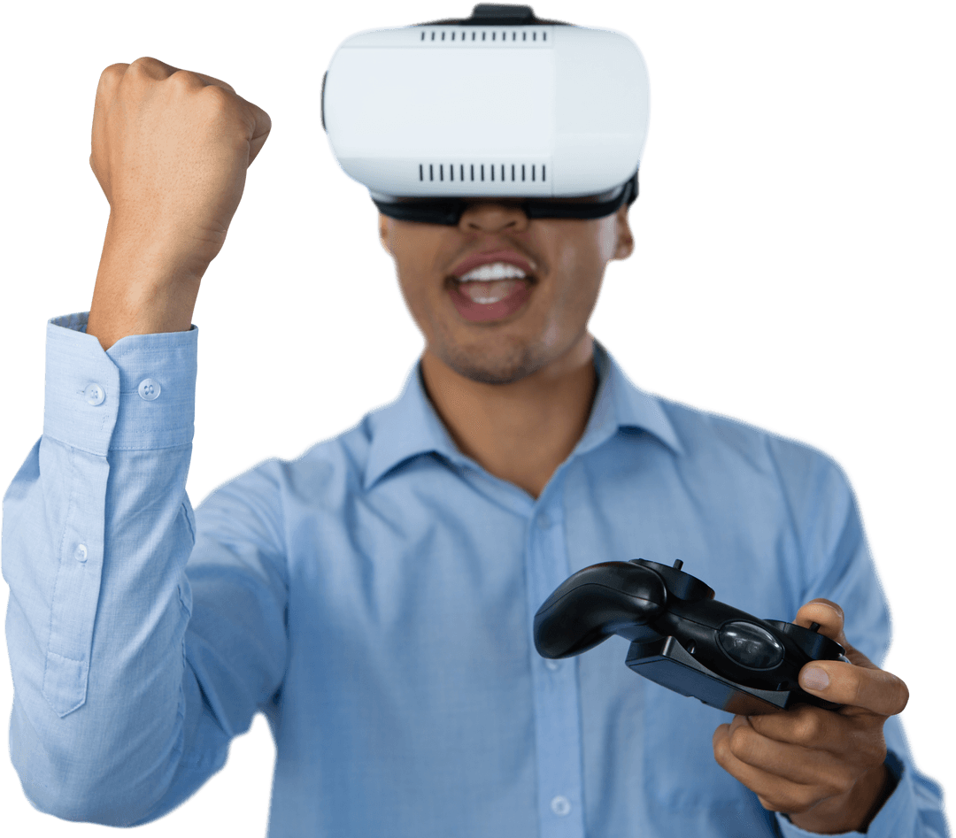Businessman Elated in Virtual Reality Experience, Transparent Background