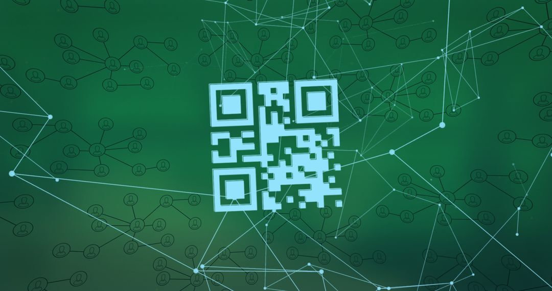 QR Code with Digital Network Connections on Green Background