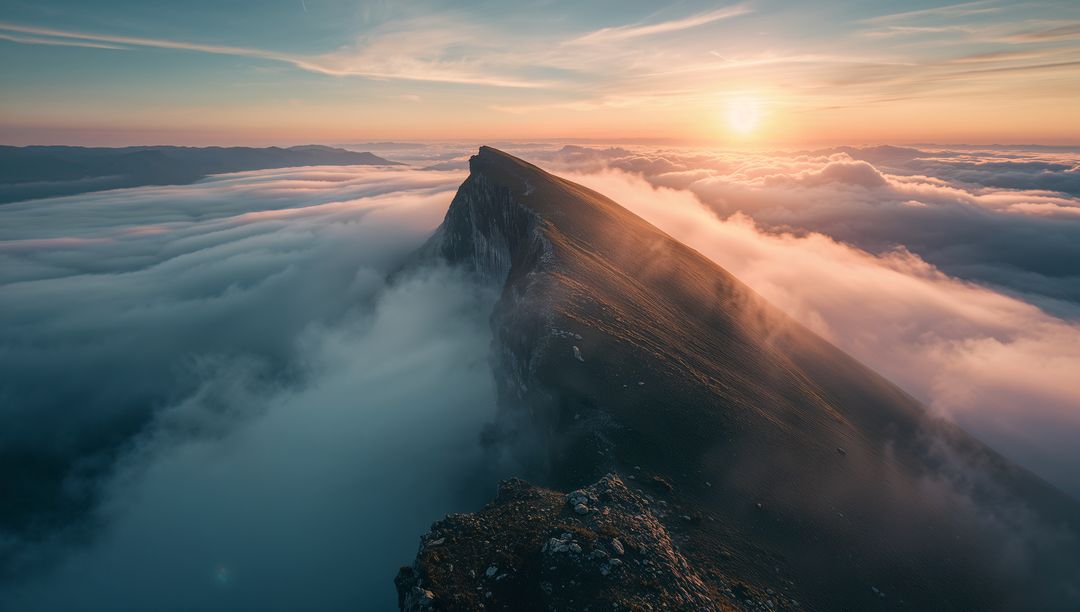 Spectacular Mountain Ridge Bathed in Dawn's Golden Glow Above Clouds