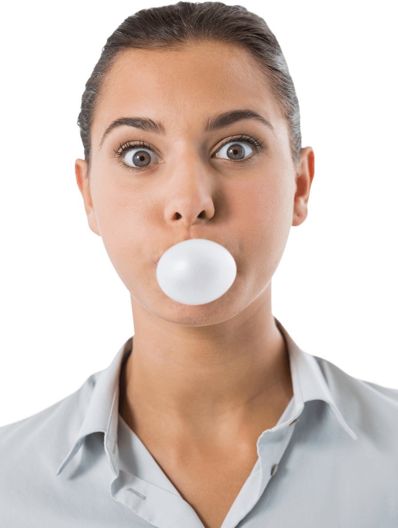 Transparent Close-up of Woman Blowing Bubble Gum Playfully