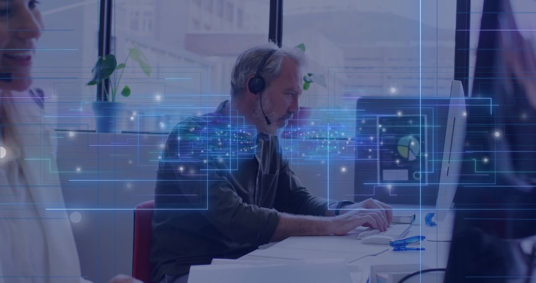 Professional Man with Headset Integrating Modern Technology at Office Workspace