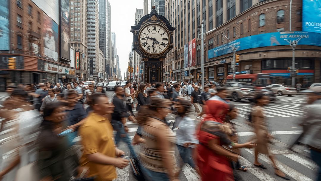 Busy Urban Intersection with Crowds and Iconic Street Clock