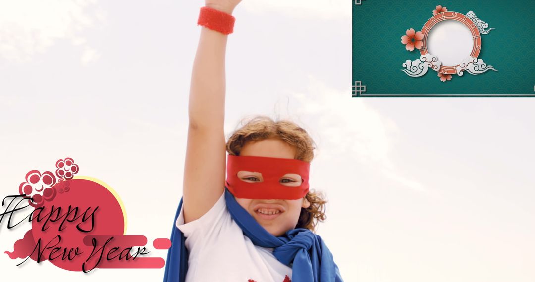 Happy New Year with Superhero Kid and Chinese Pattern