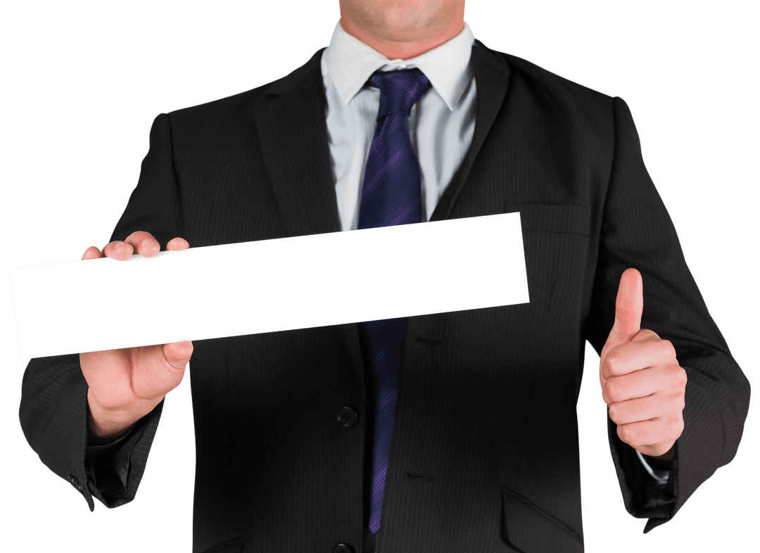 Caucasian Businessman Holding White Card on Transparent Background