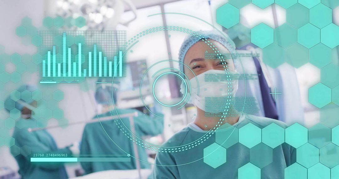 Surgeon in Operating Room with Futuristic Data Interfaces
