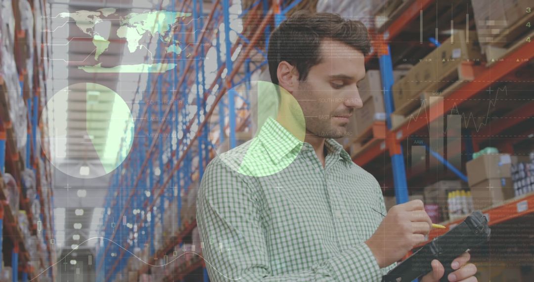 Warehouse Worker Analyzing Data in Modern Distribution Center