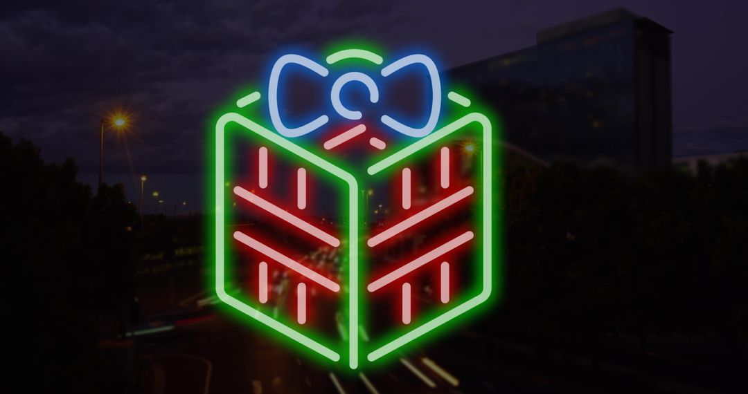 Neon Christmas Gift Over Cityscape at Night