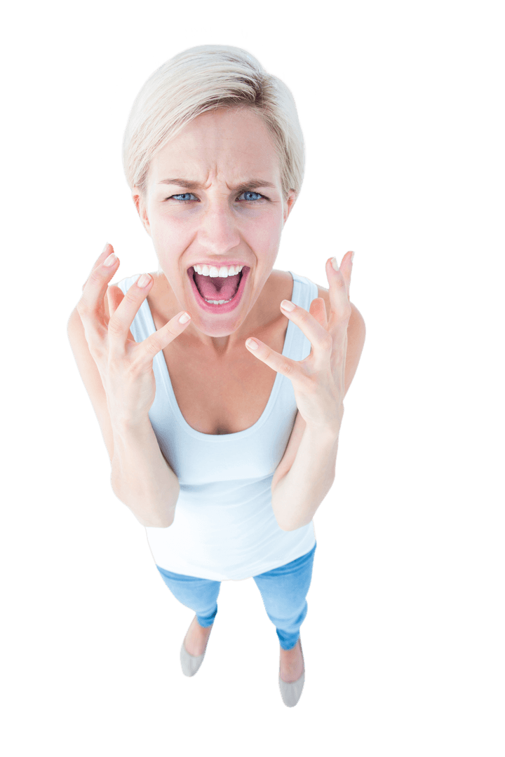 Transparent Upset Woman Yelling with Hands Raised in White Tank Top