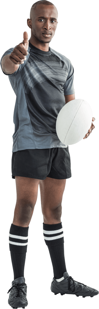 Transparent Rugby Player Giving Thumbs Up with Ball in Uniform